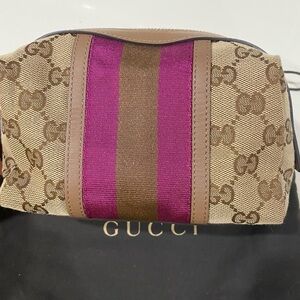 Gucci Beige Canvas Pouch with Pink and Brown Stripes